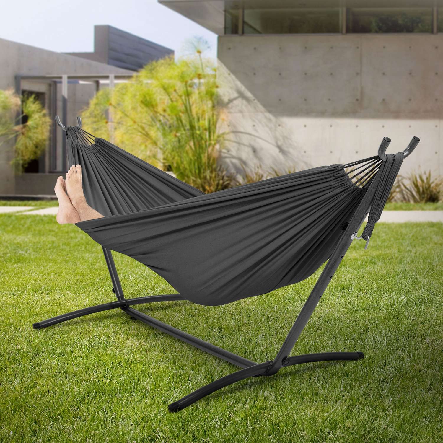 ML-Design dubbelhängmatta med stålram, mörkgrå, plats för 2 personer, inomhus & utomhus, XXL hängstol med bärväska, hammockram, dubbelhängmatta