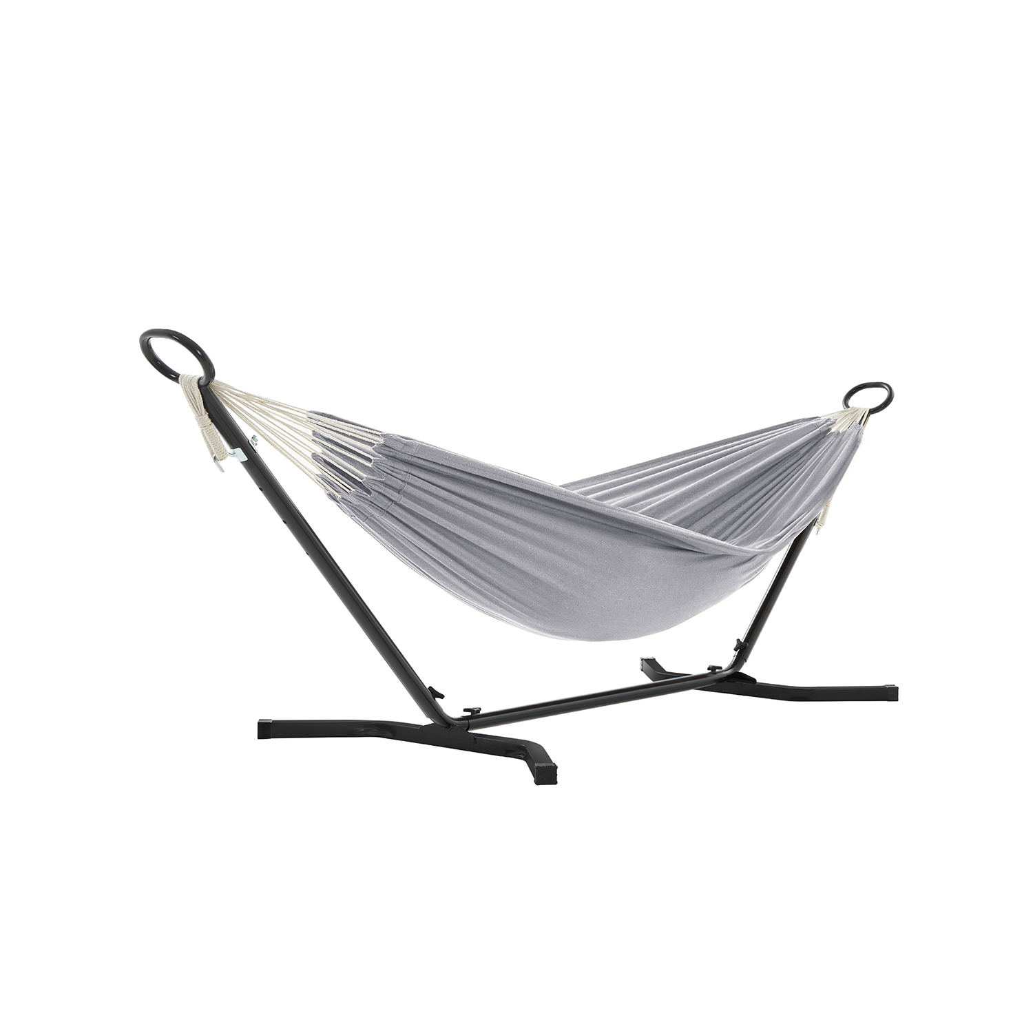 Hängmatta med stativ, 210 x 150 cm hängmatta, 5 justerbara höjder, bärbar hängmatta med metallram, lastkapacitet 240 kg, uteplats, trädgård, gård, svart stativ och grå hängmatta GHS001G01