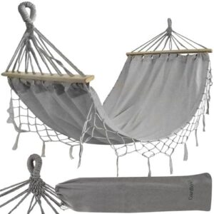 XXL dubbelhängmatta 200x150 cm med träbalk 100 cm 250 kg grå