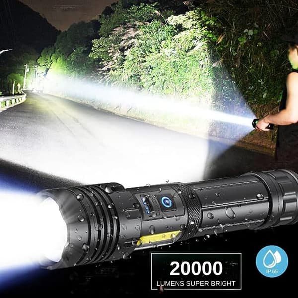 20 000 lumen uppladdningsbar LED-ficklampa, professionell kraftfull taktisk ficklampa med 7 lägen, vattentät, zoombar för camping