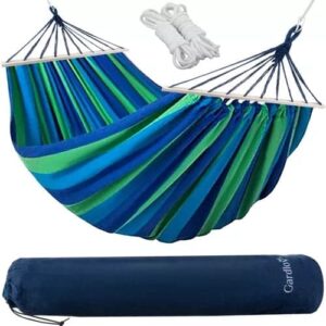 Dubbelhängmatta med träkors 150 kg 260x160 cm blå/grön