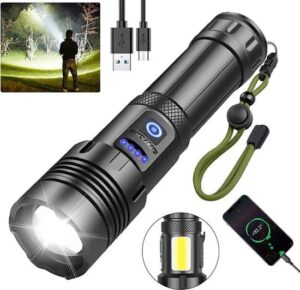 Ficklampa - Uppladdningsbar LED - Militärficklampa - 100 000 Lumen - med 7 lägen - COB Sidoljus - Vattentät - för Nödsituationer, Camping, Hem