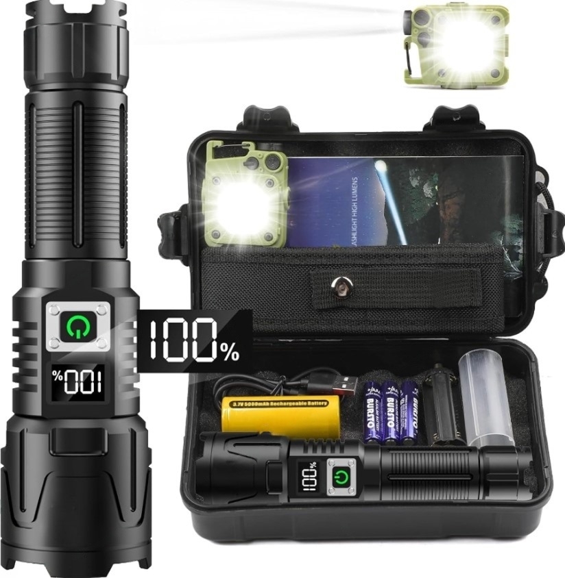 LED Ficklampa A09 set - 6000 Lumen, 50W, Uppladdningsbar & Taktisk & COB survival överlevnad